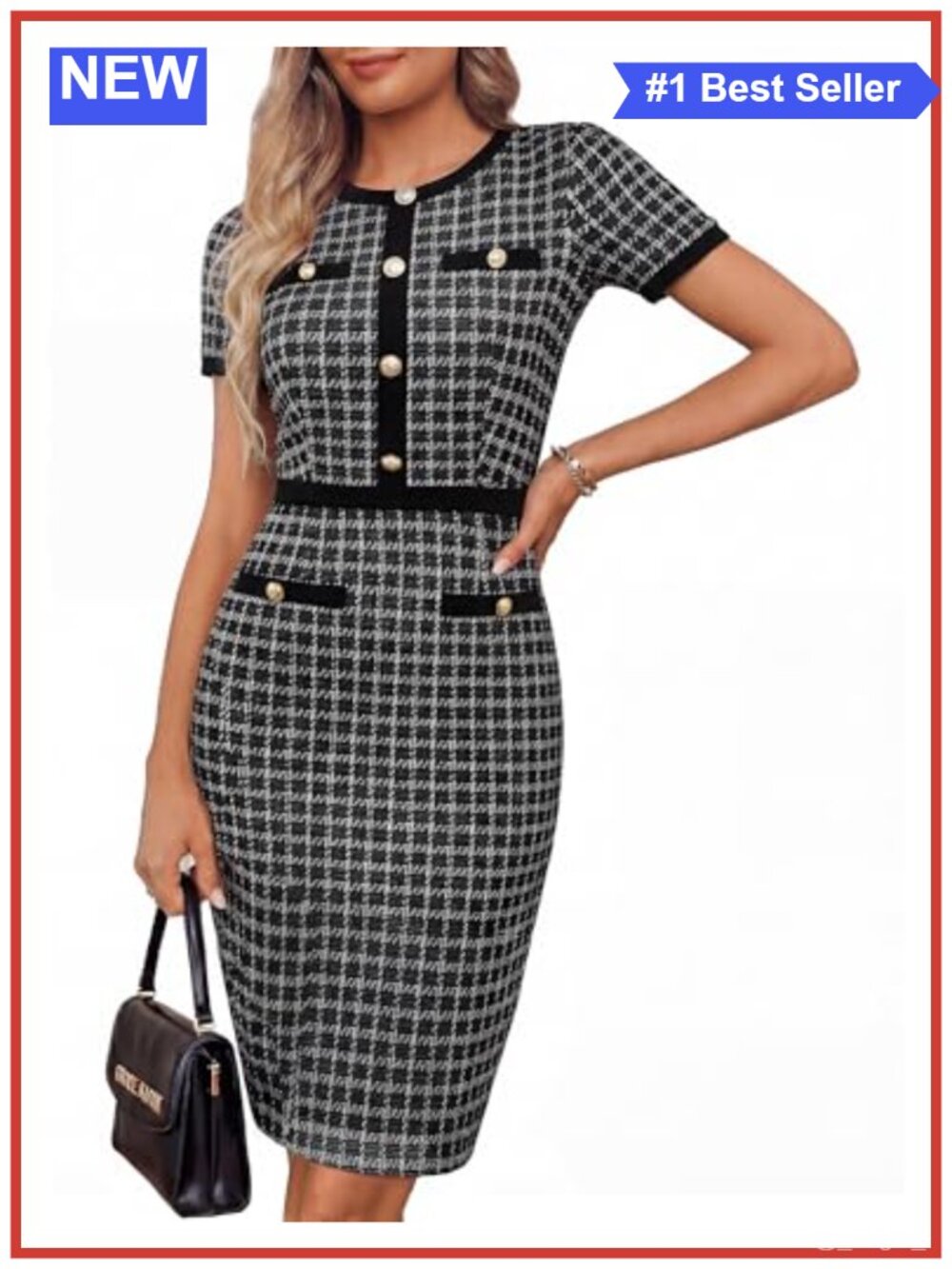 Women's Short Sleeve Plaid Bodycon Work Dress with Pockets